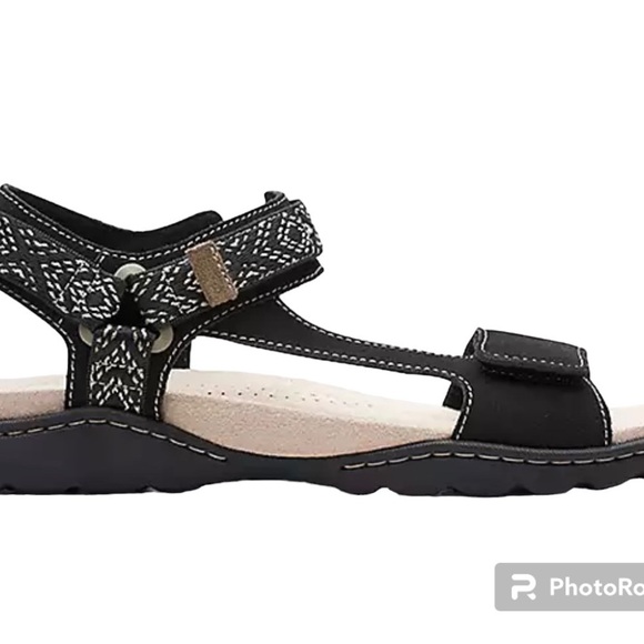 NWOT CLARKS AMANDA STEP SUEDE FLAT SANDALS SZ 9 Black Velcro Closures - Picture 3 of 13